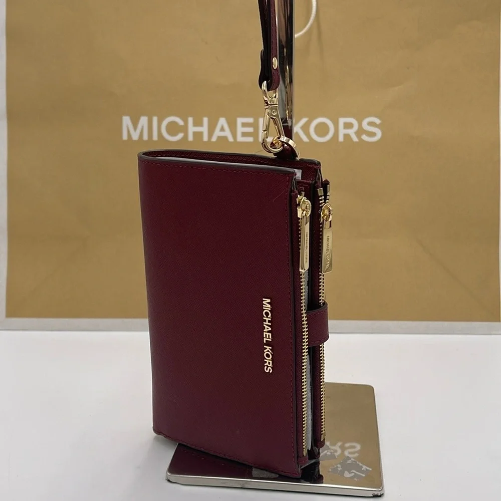Michael Kors Jet Set Travel Large Double Zip Wristlet Wallet Dark Cherry Leather
